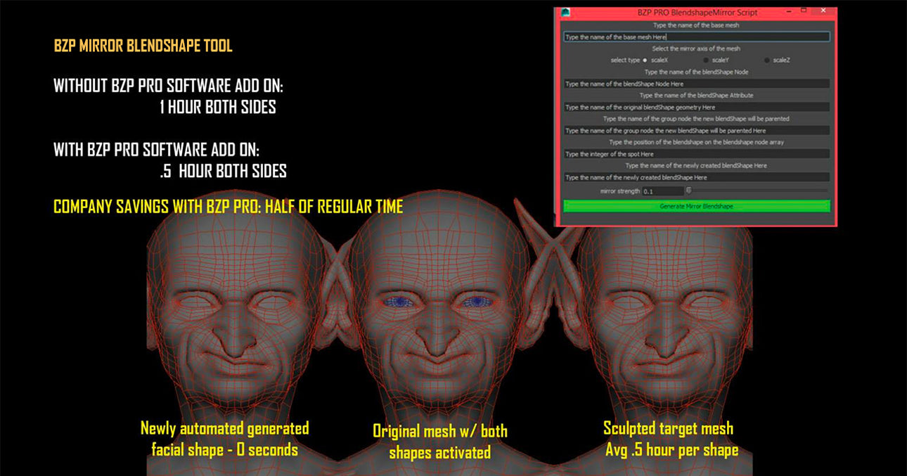 BZP Pro blendShape Mirror MEL Script Tool in Autodesk Maya